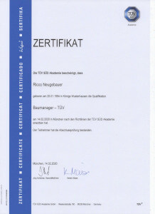 TÜV Zertifikat Ricco Neugebauer Bauprojektmanagement