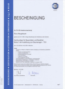 TÜV Zertifikat Ricco Neugebauer Sachkundiger für Bauschäden und Baufehler